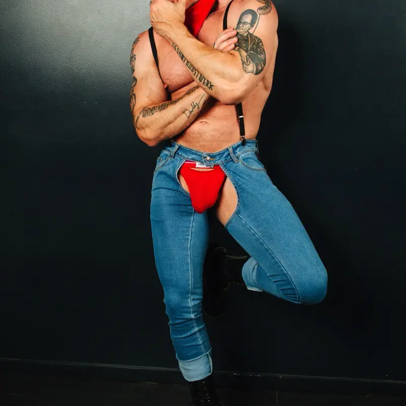 CB13 Terry Denim Chaps, offener Rücken und Schritt | Dark-Ink