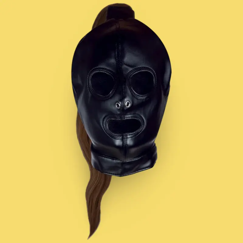 Cagoule ponyplay OUCH! queue de cheval brune, visage ouvert | Dark-Ink