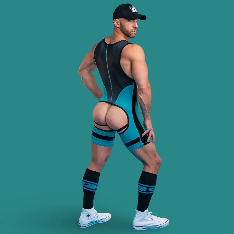 CB13 Dark Pup Singlet Chaps Türkis, offener Rücken Pup Play | Dark-Ink