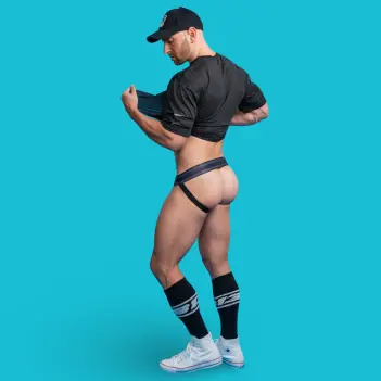 CB13 Dark Pup jockstrap, pink mesh, raised pup emblems | Dark-Ink