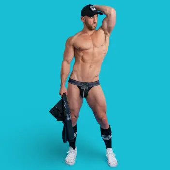 CB13 Dark Pup jockstrap, pink mesh, raised pup emblems | Dark-Ink