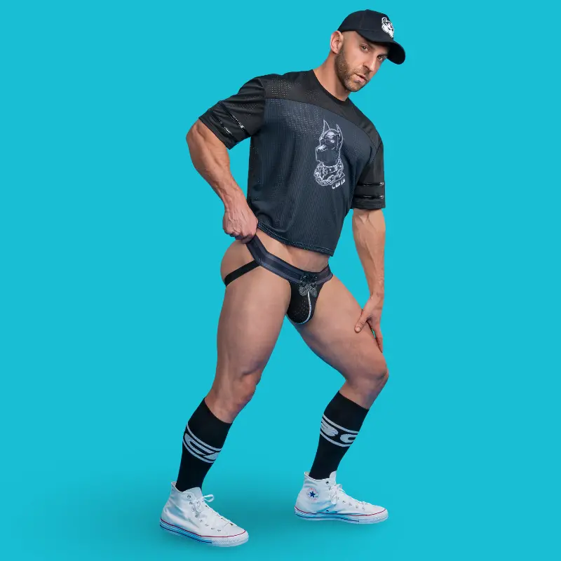 CB13 Dark Pup jockstrap, pink mesh, raised pup emblems | Dark-Ink