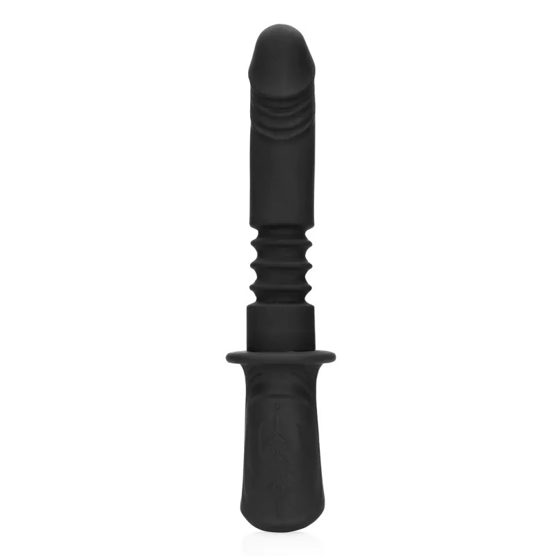 Hand held vibrating and thrusting dildo