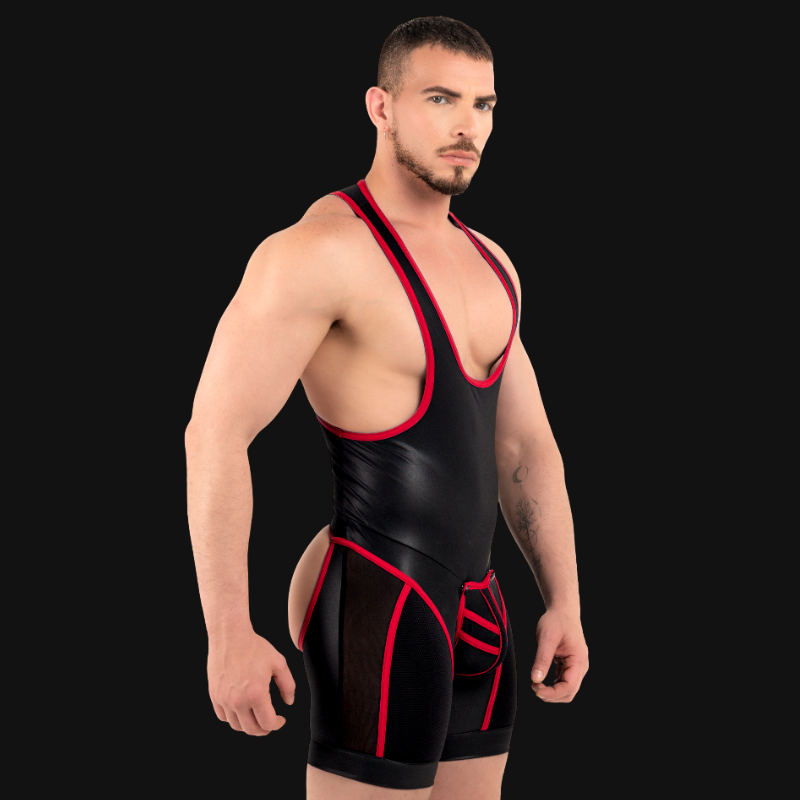 Slick fetish wrestling singlet with removable pouch and fully open back for total exposure and unrestricted access. Stretch body