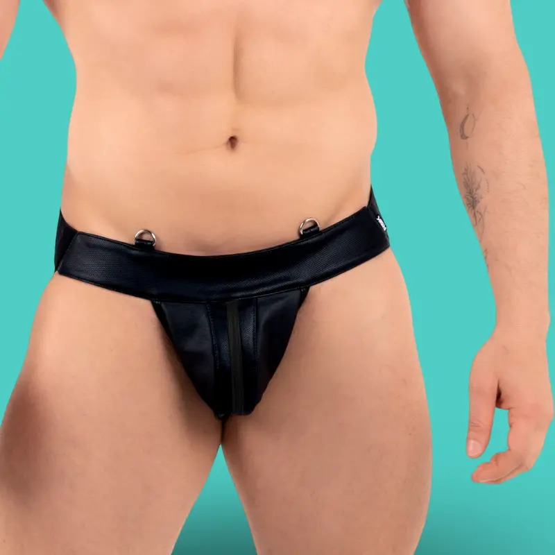 Jockstrap RØK Industrial leather-look, 2 D-rings frontaux | Dark-Ink