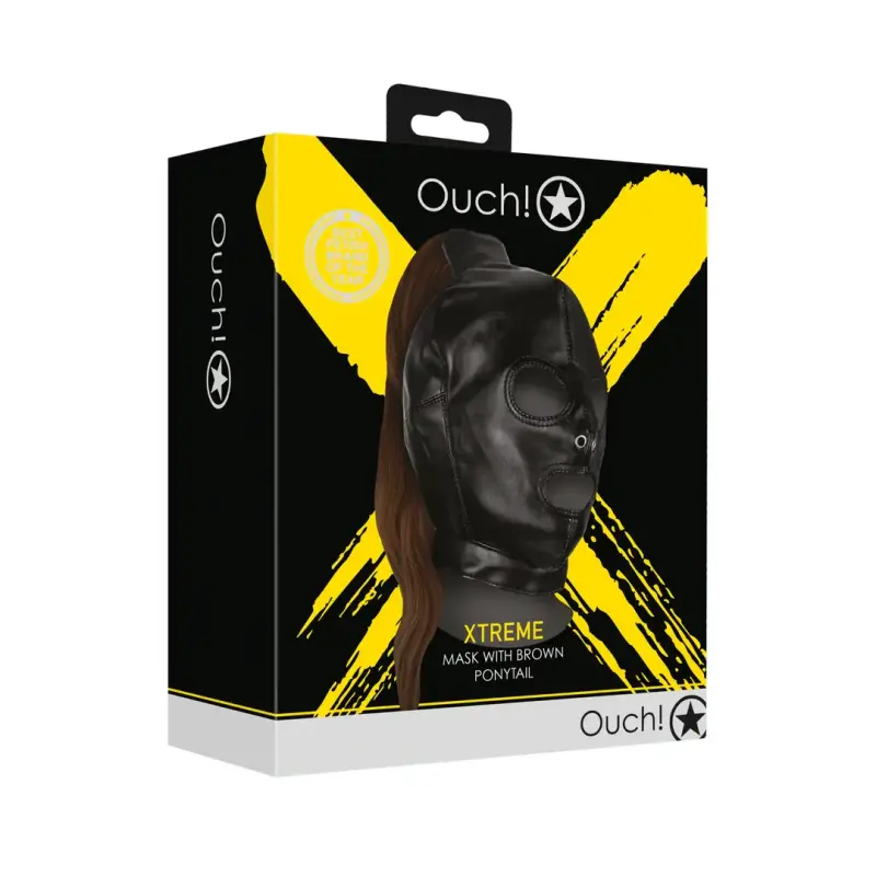 Cagoule ponyplay OUCH! queue de cheval brune, visage ouvert | Dark-Ink