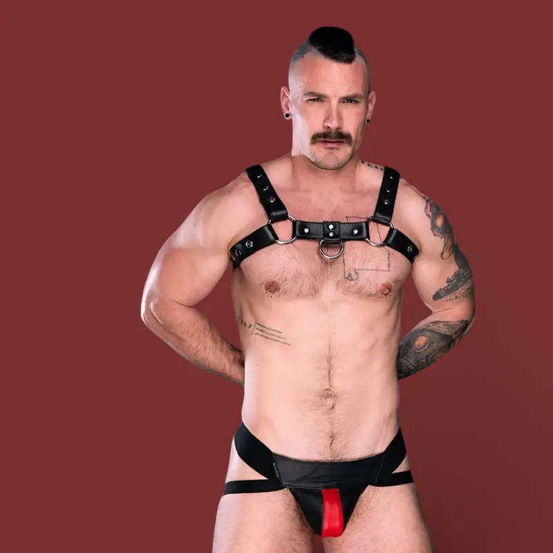 Jockstrap de cuero Center Stripe Mr S Leather, franja roja | Dark-Ink