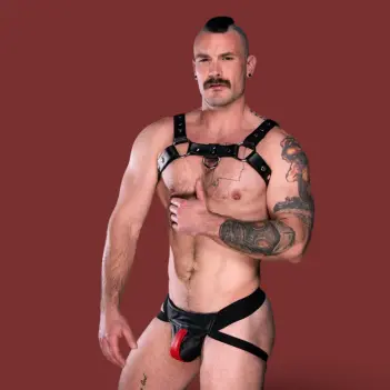 Jockstrap de cuero Center Stripe Mr S Leather, franja roja | Dark-Ink
