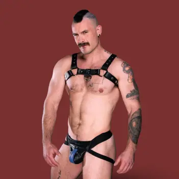 Jockstrap de cuero Mr S Leather Center Stripe, franja azul | Dark-Ink