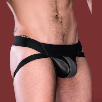 Jockstrap cuero Center Stripe Mr S Leather, franja gris | Dark-Ink