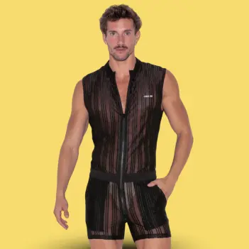 CODE 22 Sheer Stripe Jumpsuit: Transparent Striped Fabric | Dark-Ink