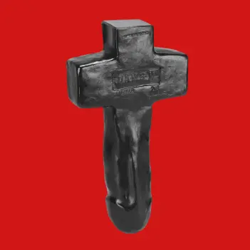 Dildo cruciforme Oxballs DAMIEN, agarre integrado, platino | Dark-Ink