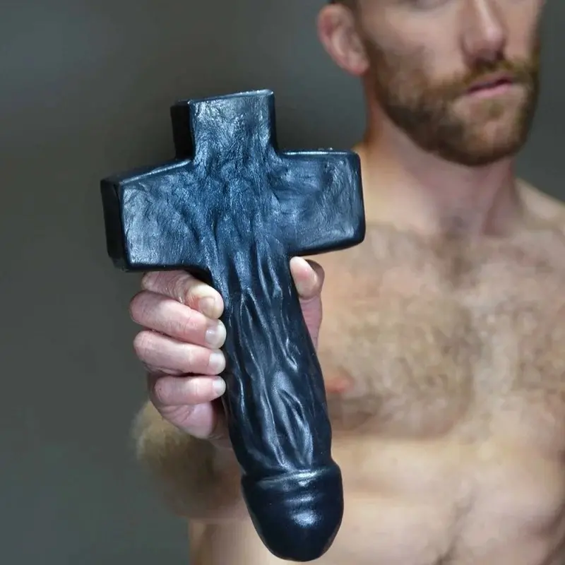 Oxballs DAMIEN Cruciform Dildo, built-in handle, platinum | Dark-Ink