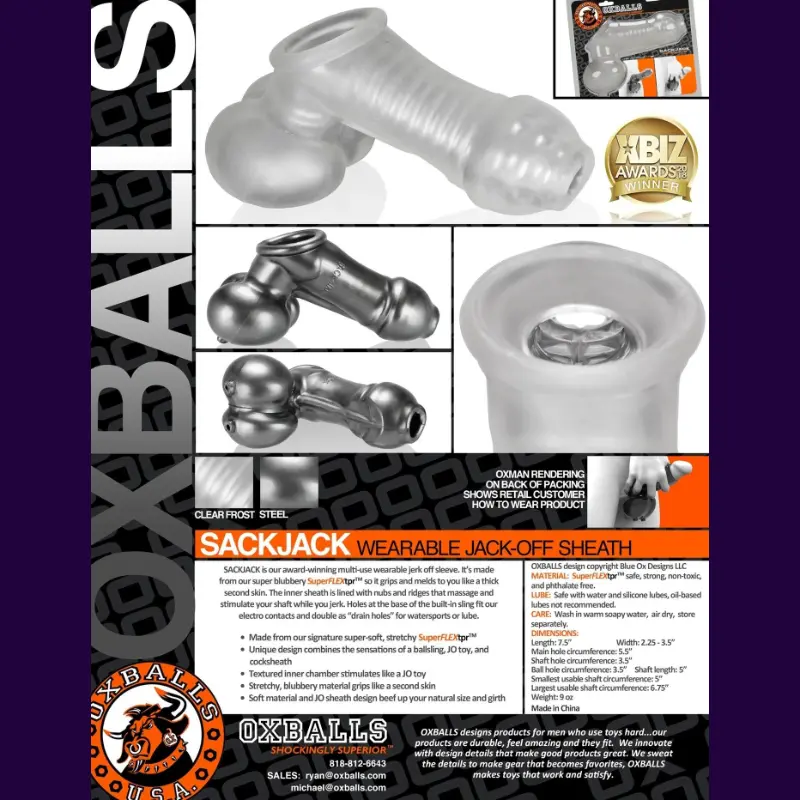 Masturbateur wearable Oxballs Sackjack, gaine + ball sling | Dark-Ink