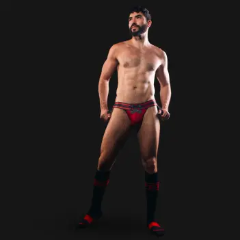 Jockstrap CB13 Dark Pup Rouge, emblèmes pup sur anneaux | Dark-Ink