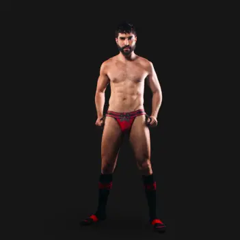 Jockstrap CB13 Dark Pup Rouge, emblèmes pup sur anneaux | Dark-Ink