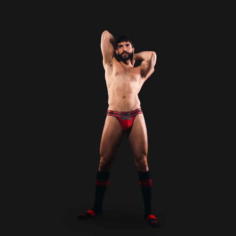 CB13 Dark Pup Jockstrap Red, pup emblems on metal rings | Dark-Ink