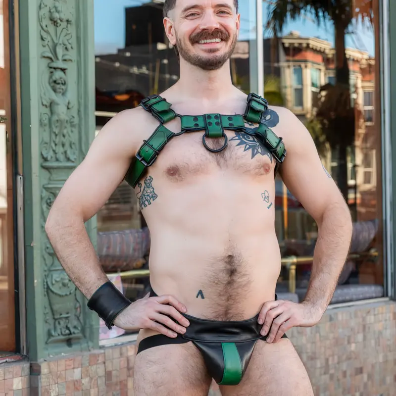 Jockstrap de cuero Center Stripe Mr S Leather, franja roja | Dark-Ink