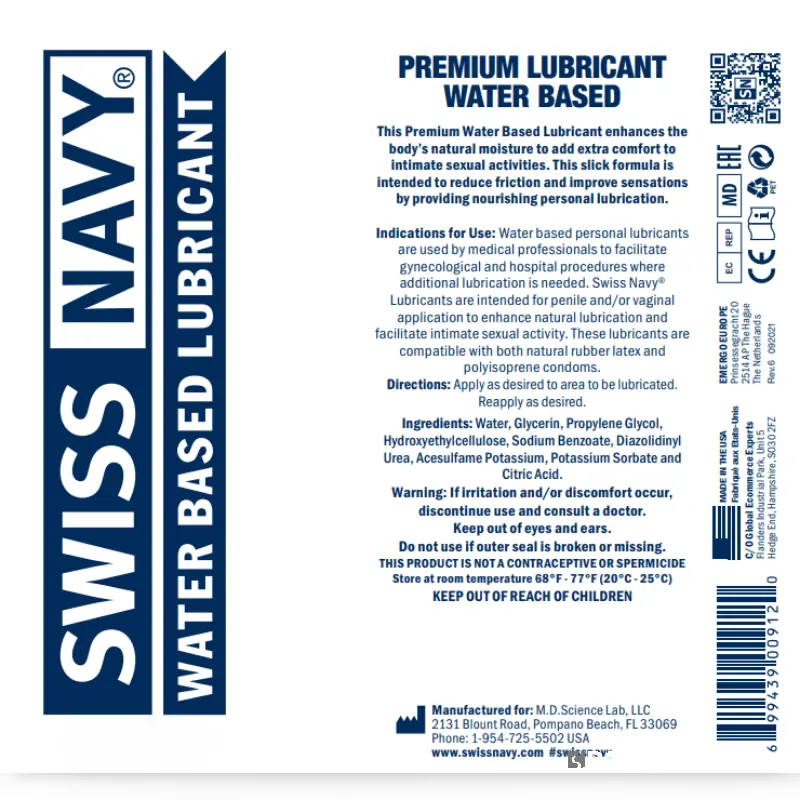 Lubrifiant Swiss Navy Water-Based, formule gel-to-liquid | Dark-Ink