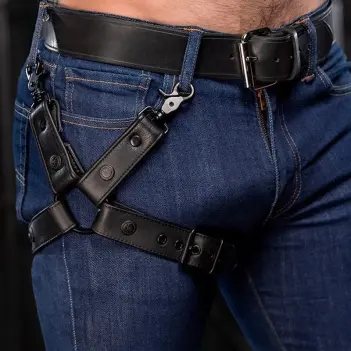 Mr S Leather leather leg harness, front buckle and snaps | Dark-Ink