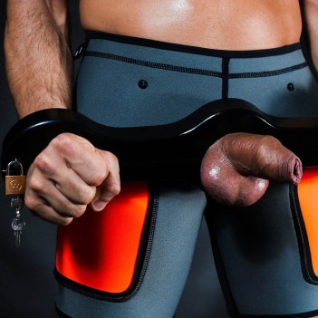 Scrotum to arms black wooden pillory